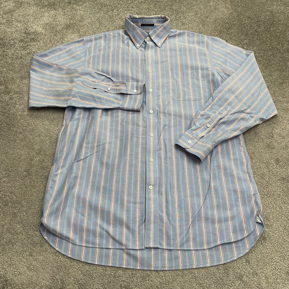 Lands' End No Iron Tradional Fit Dress Shirt Mens 17-37 Blue Red Striped Cotton